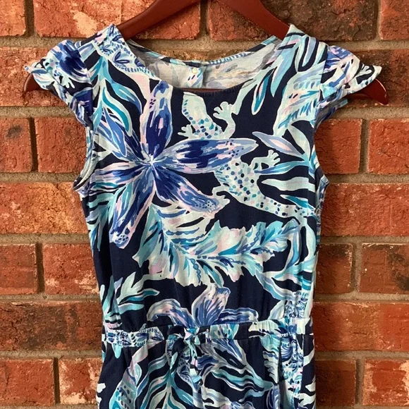 Lilly Pulitzer Odessa Girls Blue Patterned Ruffle Jumpsuit - Picture 6 of 11